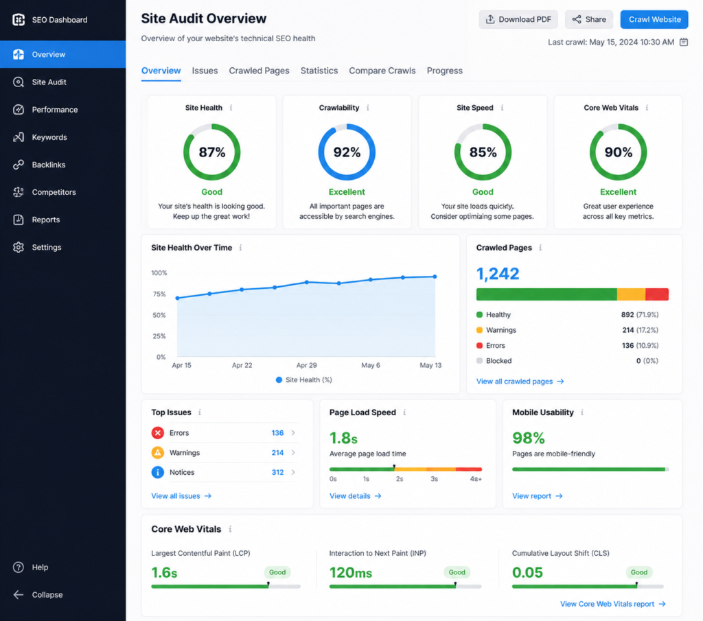 a screenshot of a technical SEO dashboard highlighting key health metrics like site speed and crawlability scores.