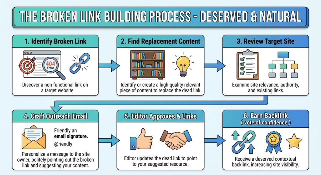  A flowchart illustrating the broken link building process — from identifying a broken link on a target site, to finding your replacement content, to the outreach email, to earning the backlink.