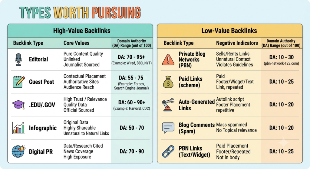 A comparison table graphic showing "High-Value Backlinks" vs "Low-Value Backlinks" side by side, with examples and trust indicators like domain authority ranges.