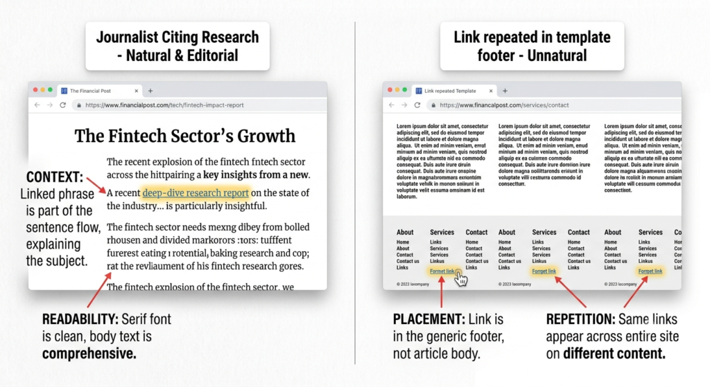 A side-by-side screenshot comparison of a contextual editorial link placed naturally in an article body versus a footer link repeated across a website template, with labels pointing out what makes each look natural or unnatural.