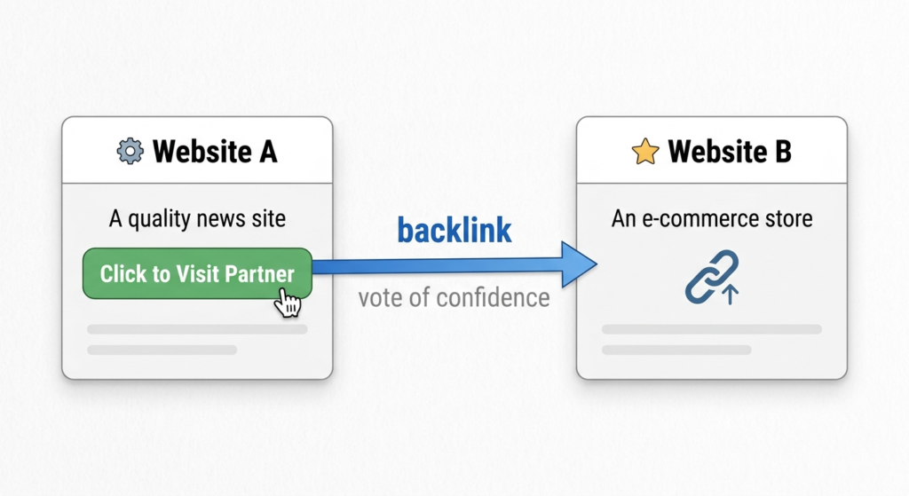 A simple diagram showing Website A linking to Website B with an arrow labeled "backlink," illustrating the basic concept visually.